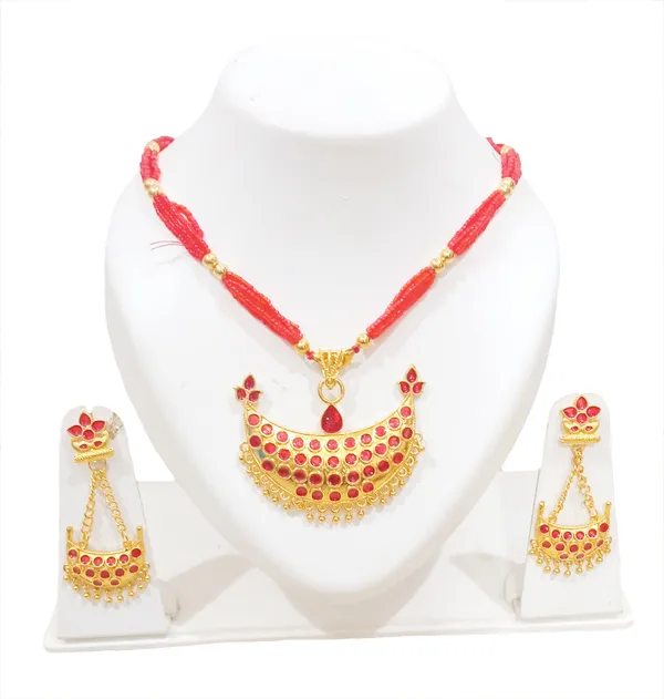 Assamese_Traditional_Gold_Plated_Red_Colour_Joonbiri_Tassel_Jewellery_Set_For_Women